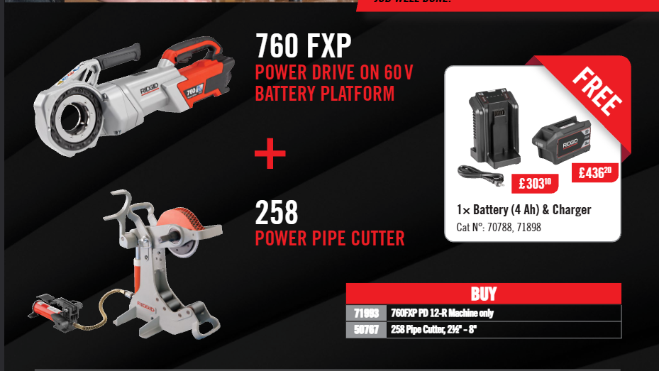 RIDGID 760 FXP + 258 vamzdžių pjoviklis – dovana baterija ir įkroviklis