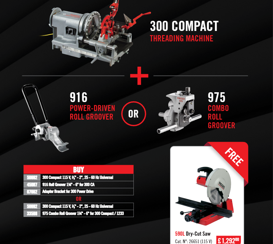 RIDGID 300 Compact sriegimo staklės – dovana sulankstomas stovas