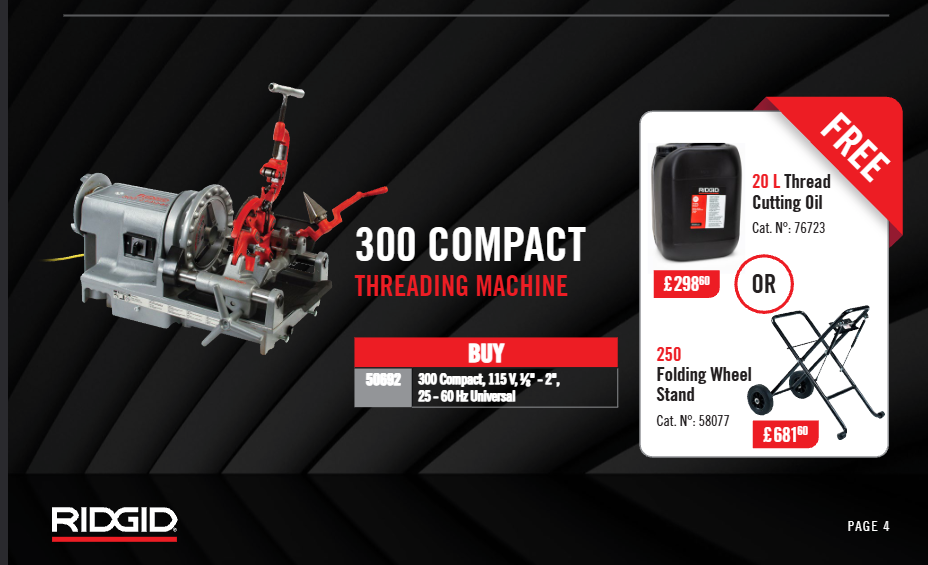 RIDGID 300 Compact sriegimo staklės – dovana 20L sriegimo alyvos