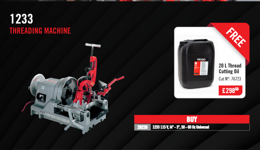 RIDGID 1233 sriegimo staklės – dovana 20L sriegimo alyvos