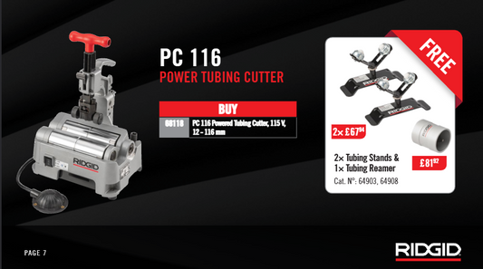 RIDGID PC 116 vamzdelių pjoviklis – dovana stovai ir briaunų nuėmėjas