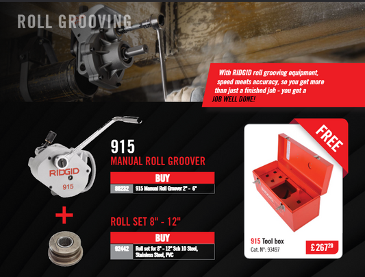 RIDGID 915 rankinis griovelių formuotuvas + roll set – dovana įrankių dėžė